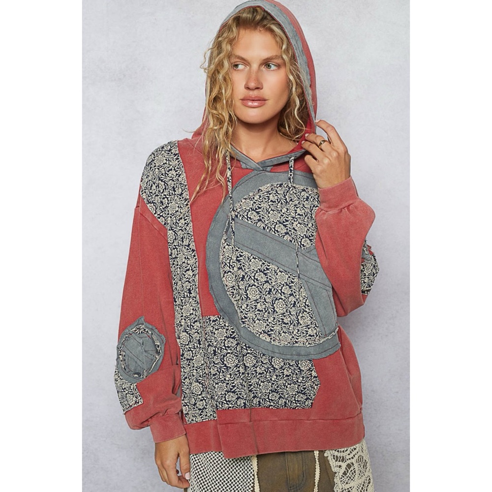 POL Red French Terry Hoodie | Vintage Wash Peace & Floral Patchwork